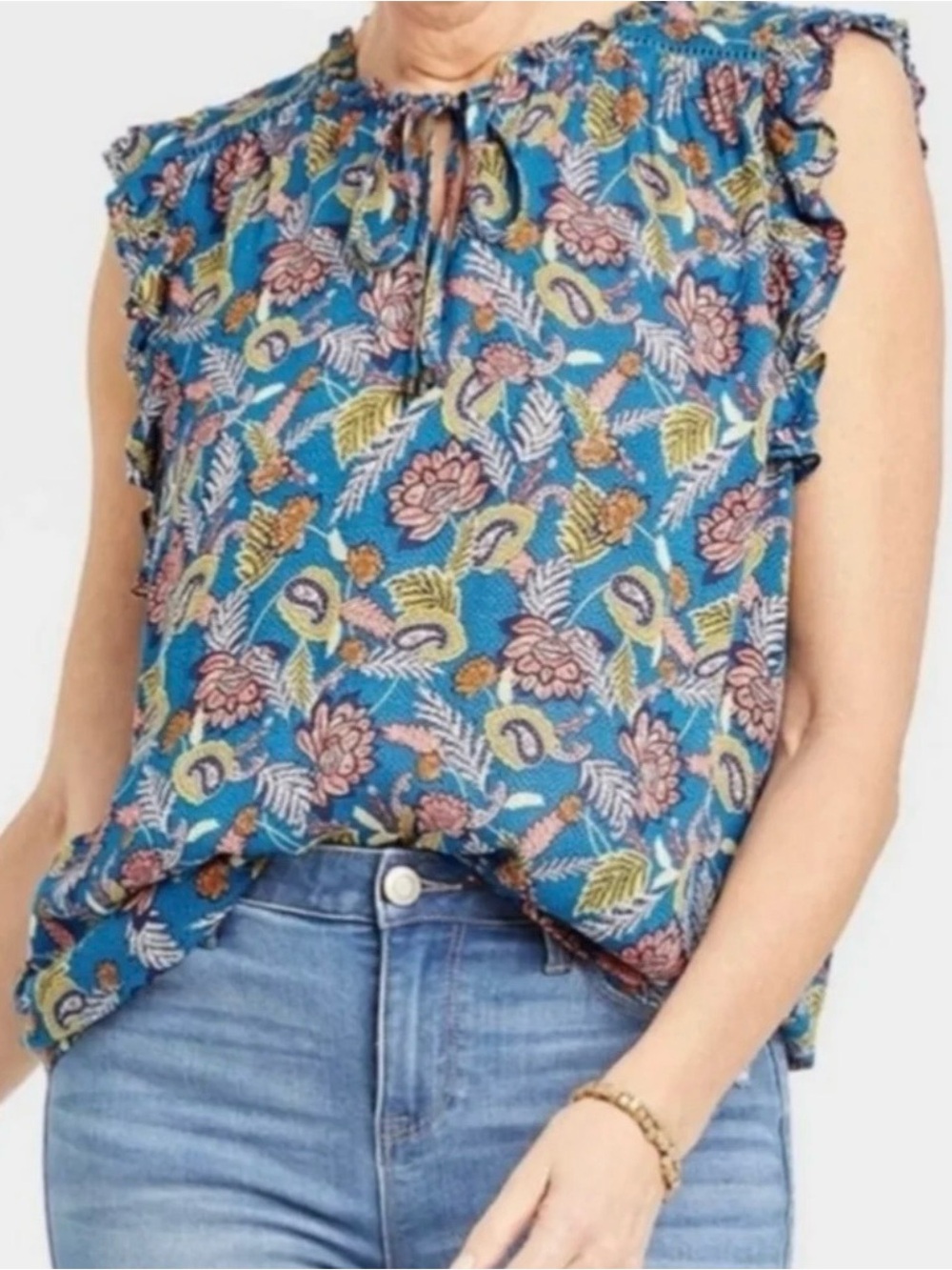 Knox Rose Teal Blue Floral Paisley Blouse with Coral & Yellow Accents size L
